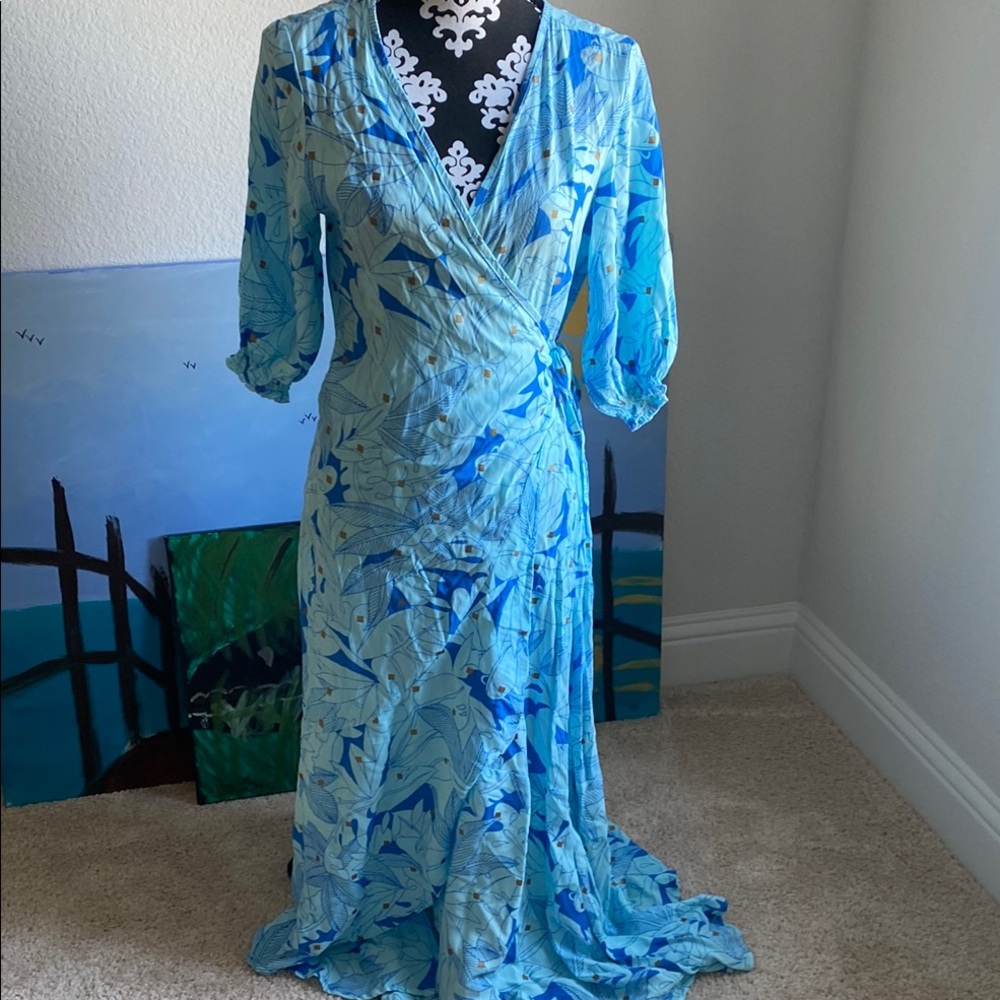 Blue Maxi Wrap Dress with Cuffed Sleeves